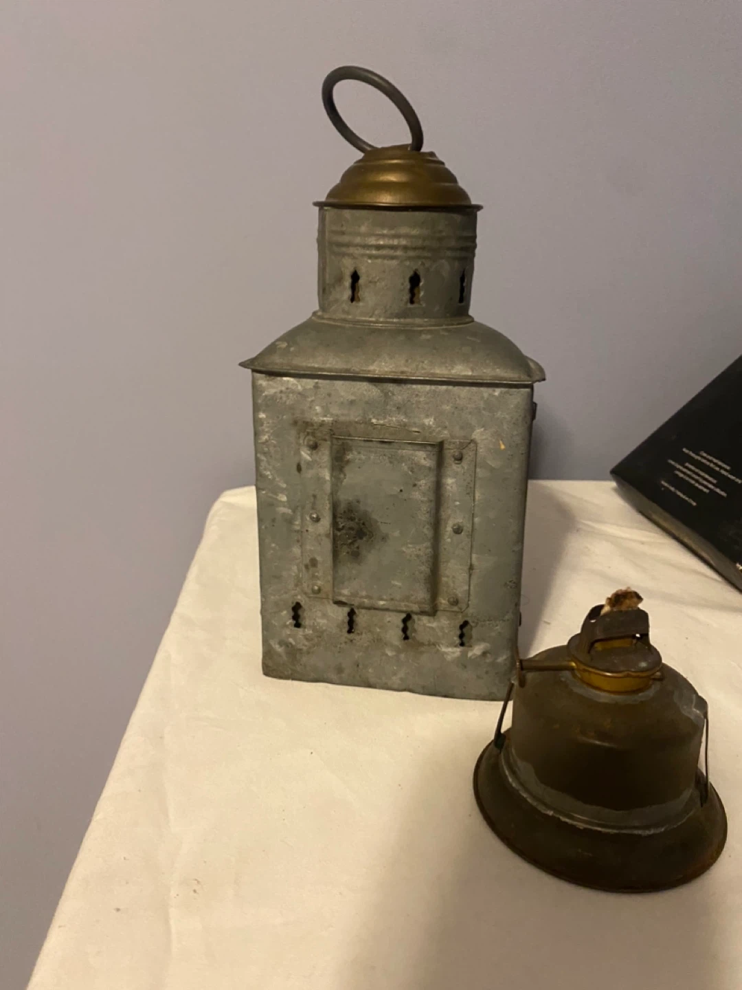 Vintage Metal Lantern with Red Glass