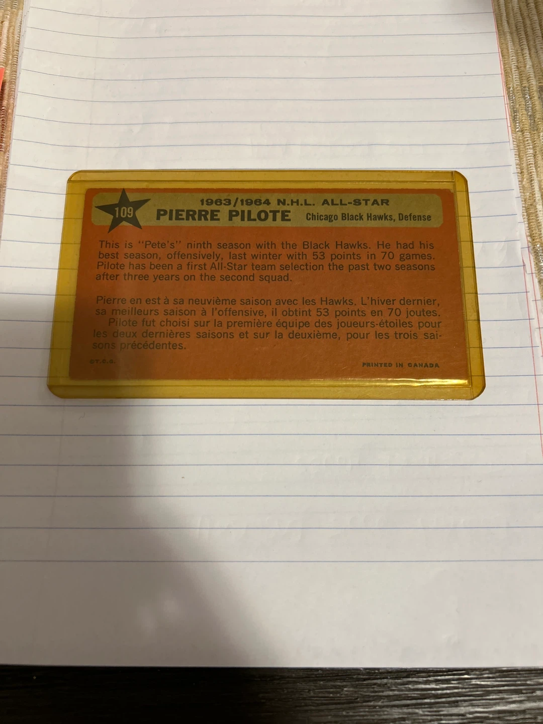 1963/1964 N.H.L. All-Star Pierre Pilote Hockey Card - photo 2
