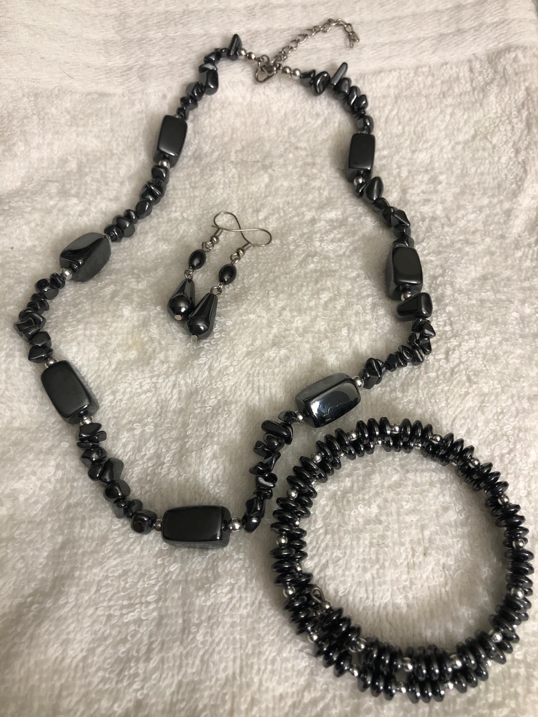 Hematite Beaded Necklace, Bracelet, and Earring Set