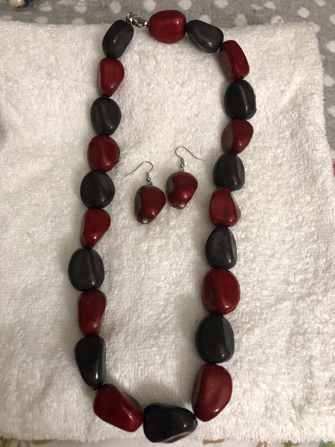 Chunky Red and Black Beaded Necklace and Earring Set