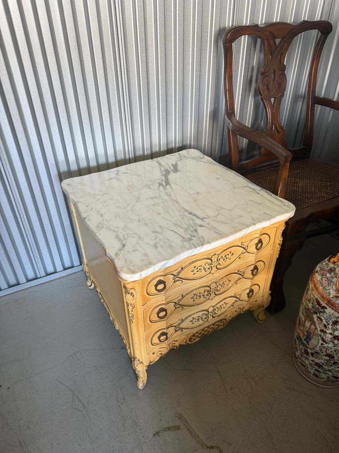 Antique Yellow French Provincial Nightstand with Marble Top