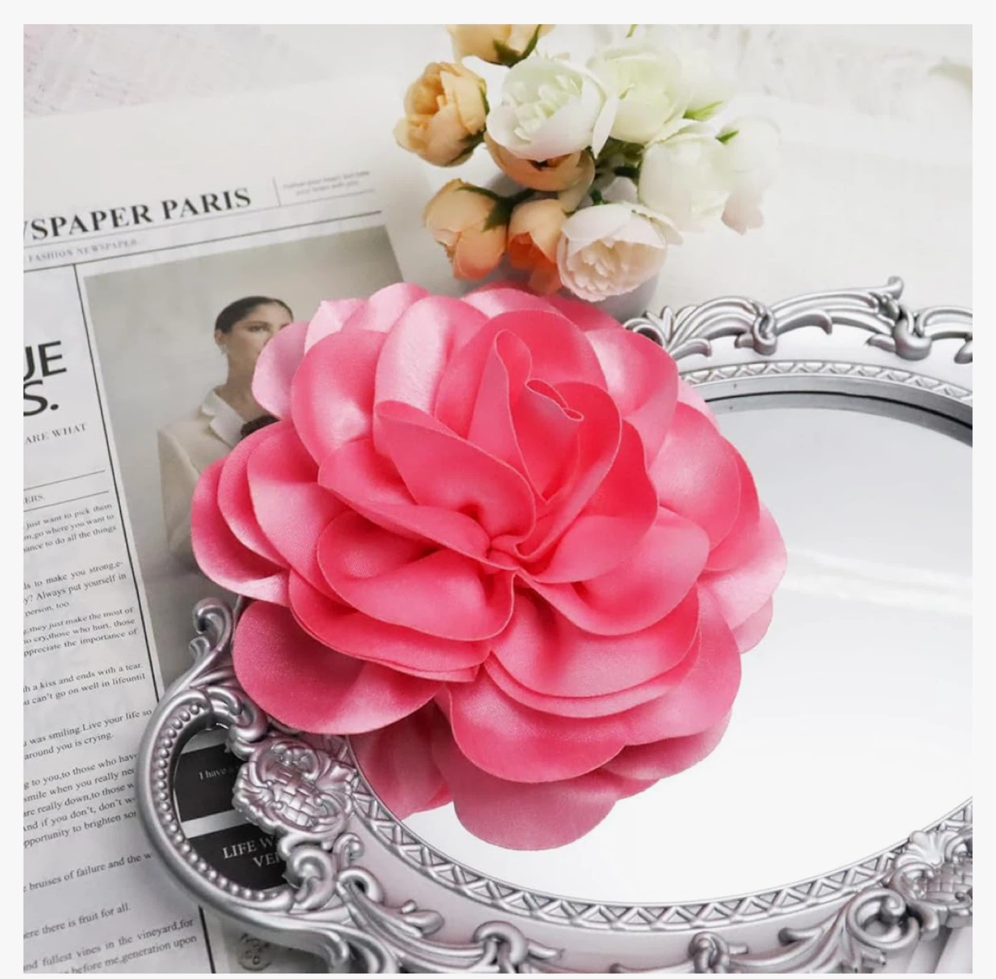 Pink Satin Rose Flower Brooch Hair Clip - photo 4