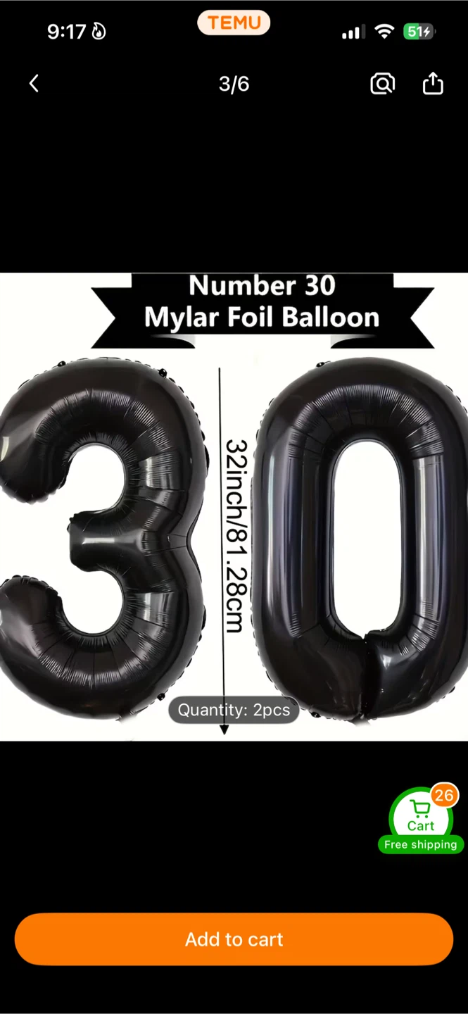 Black Number 30 Mylar Foil Balloons - 2 pcs