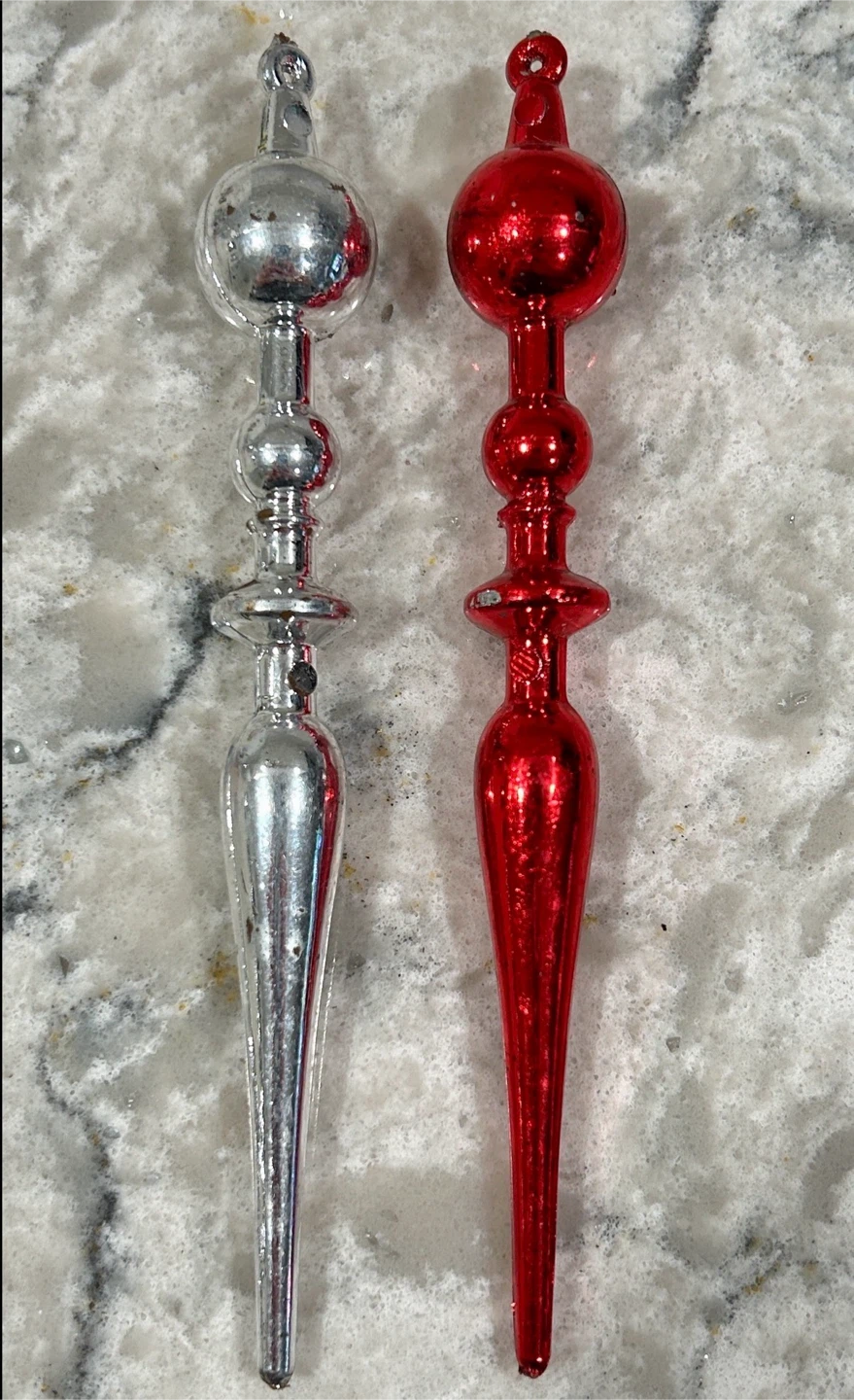 Vintage Christmas Ornaments - Red and Silver Finials