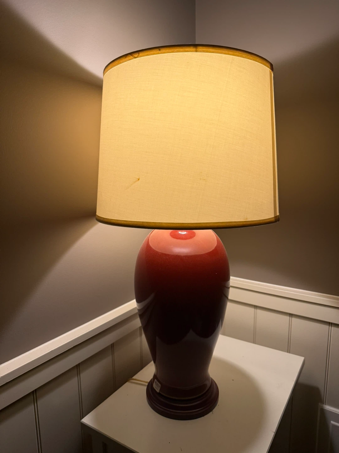 Red Ceramic Table Lamp with Cream Shade