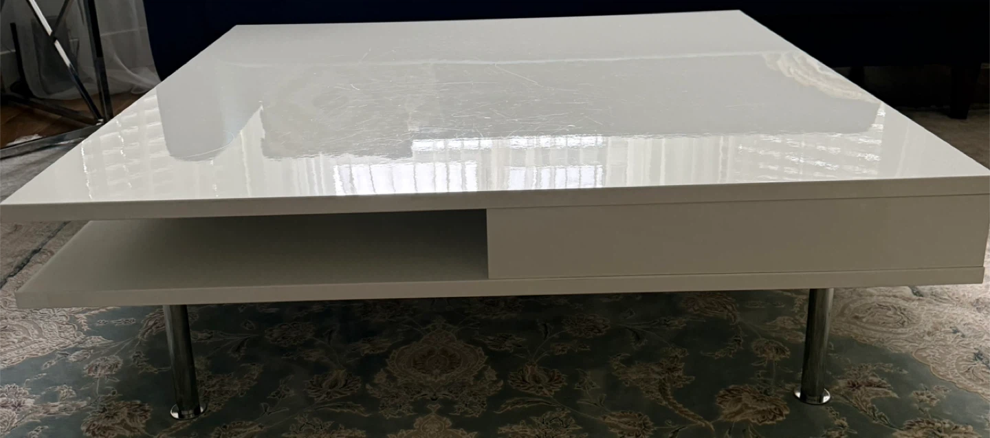White Square Coffee Table with Drawer and Shelf