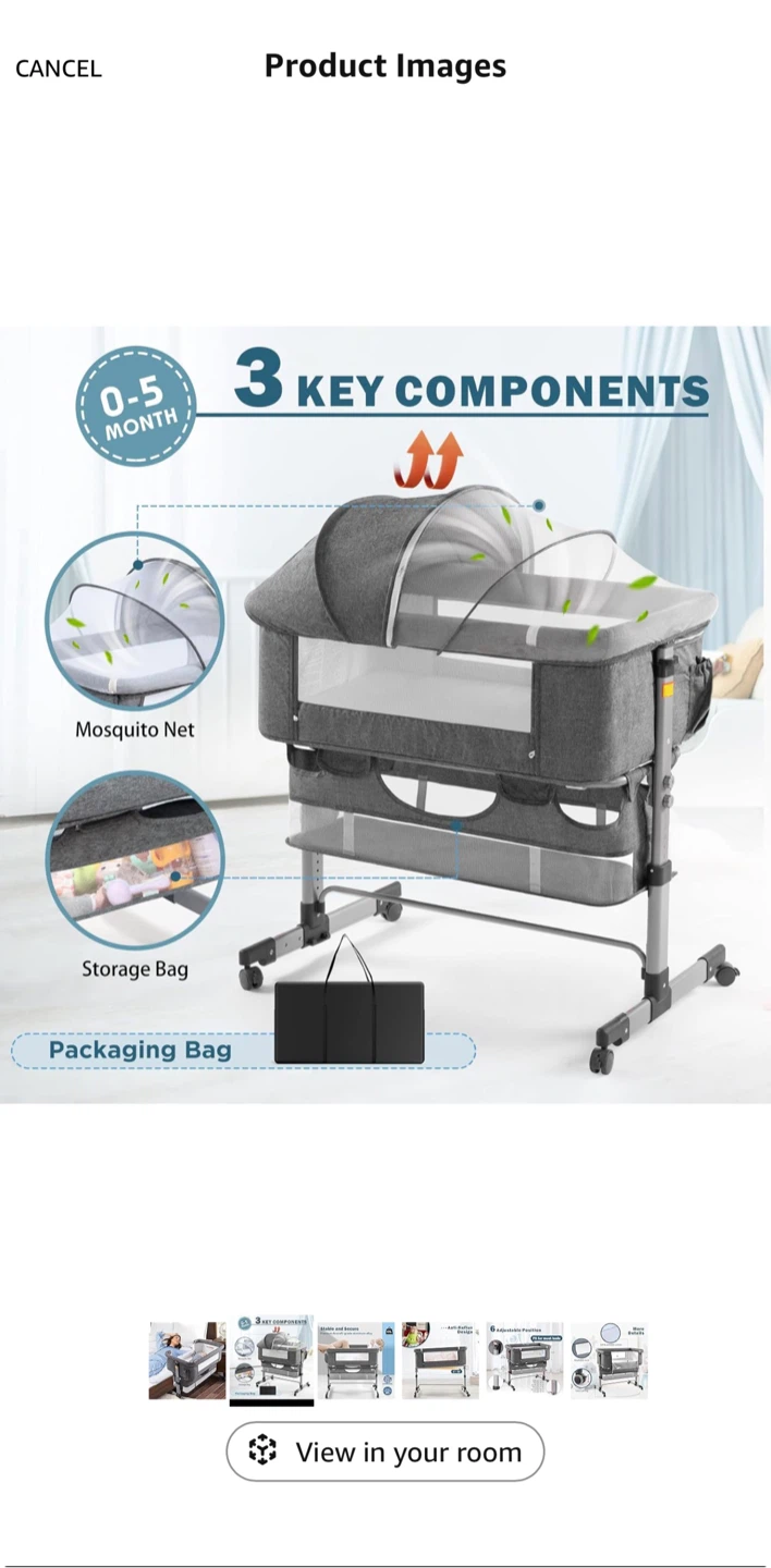 Grey Baby Bassinet with Mosquito Net and Storage Bag