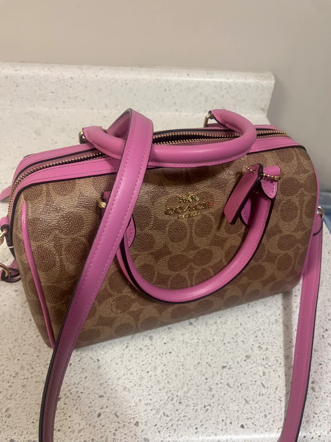 Coach Signature Monogram Boston Bag with Pink Trim