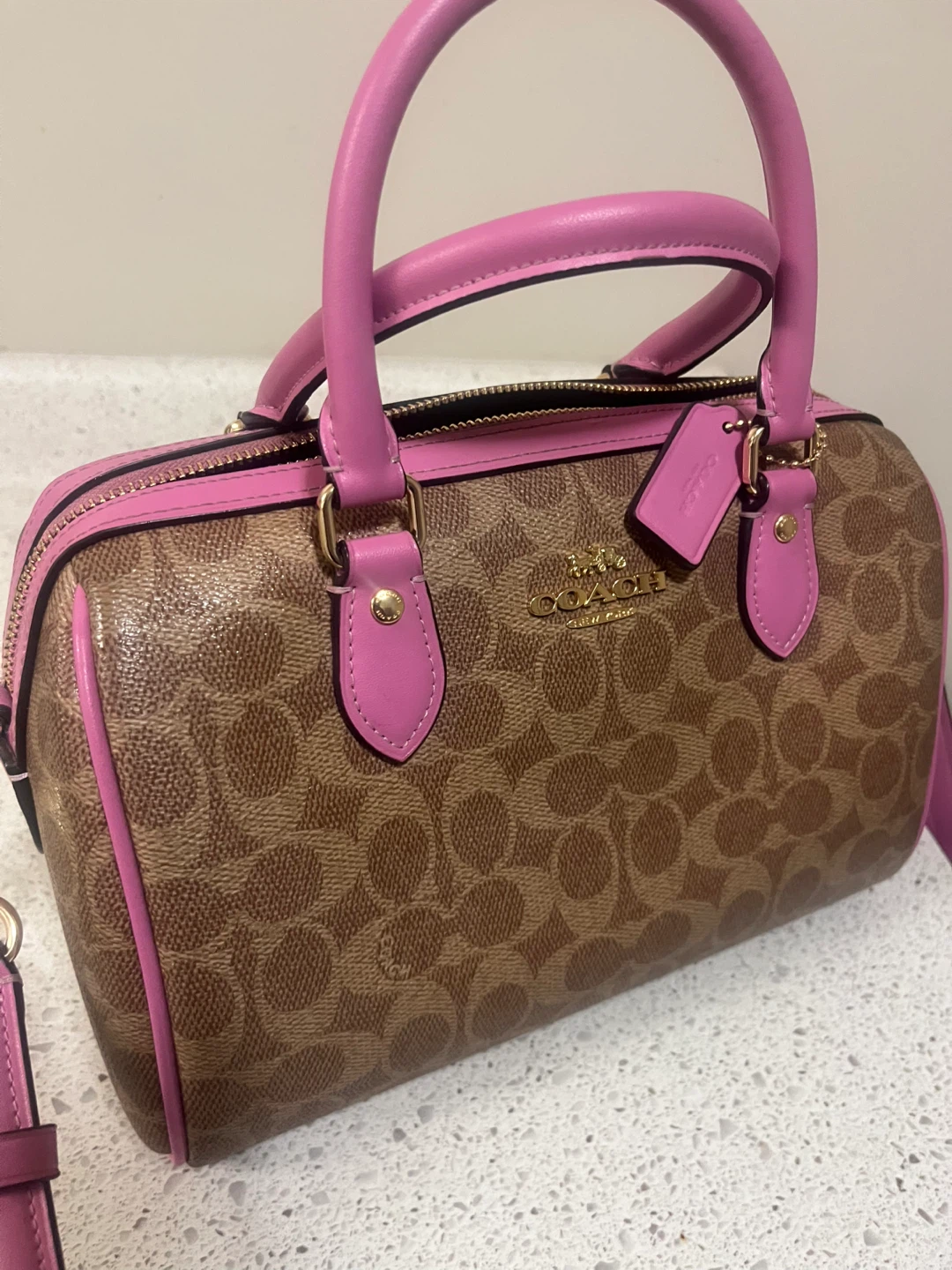 Coach Signature Monogram Boston Bag with Pink Trim - photo 3