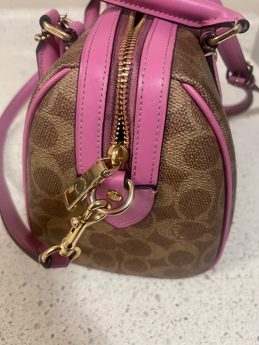 Coach Signature Monogram Boston Bag with Pink Trim - photo 5