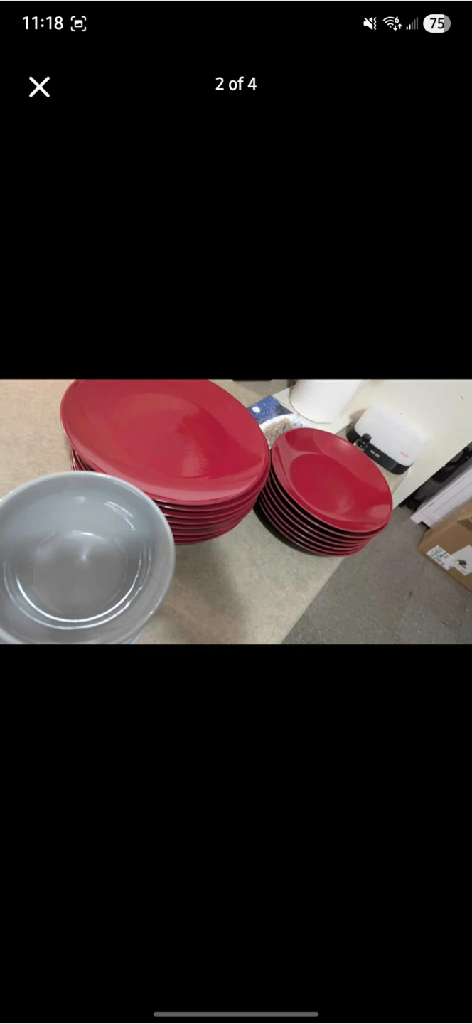 Set of Red Plates and Grey Bowls