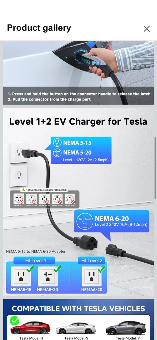 Seguma 25FT 16Amp Level 1+2 EV Charger for Tesla - photo 4