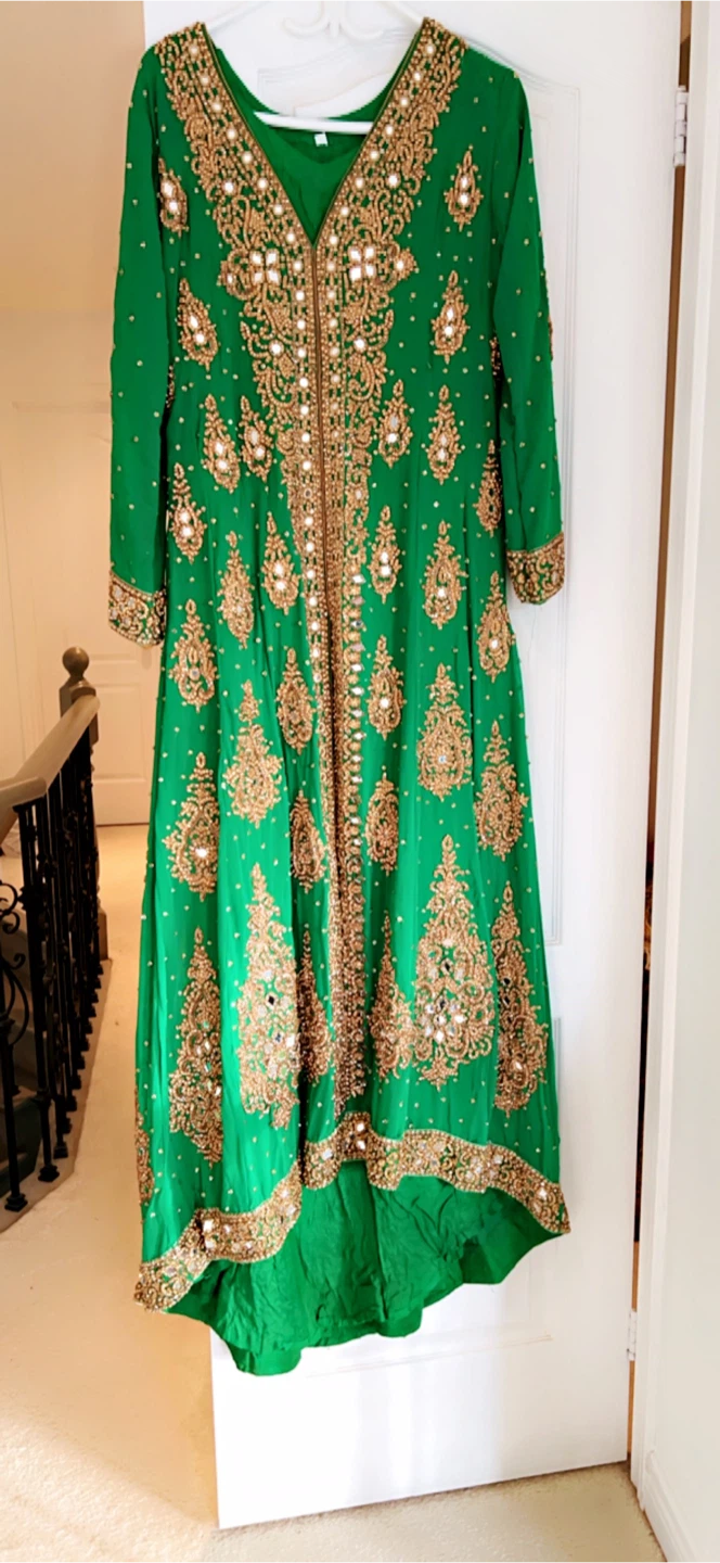 Green Embroidered Long Kameez Dress with Gold Accents
