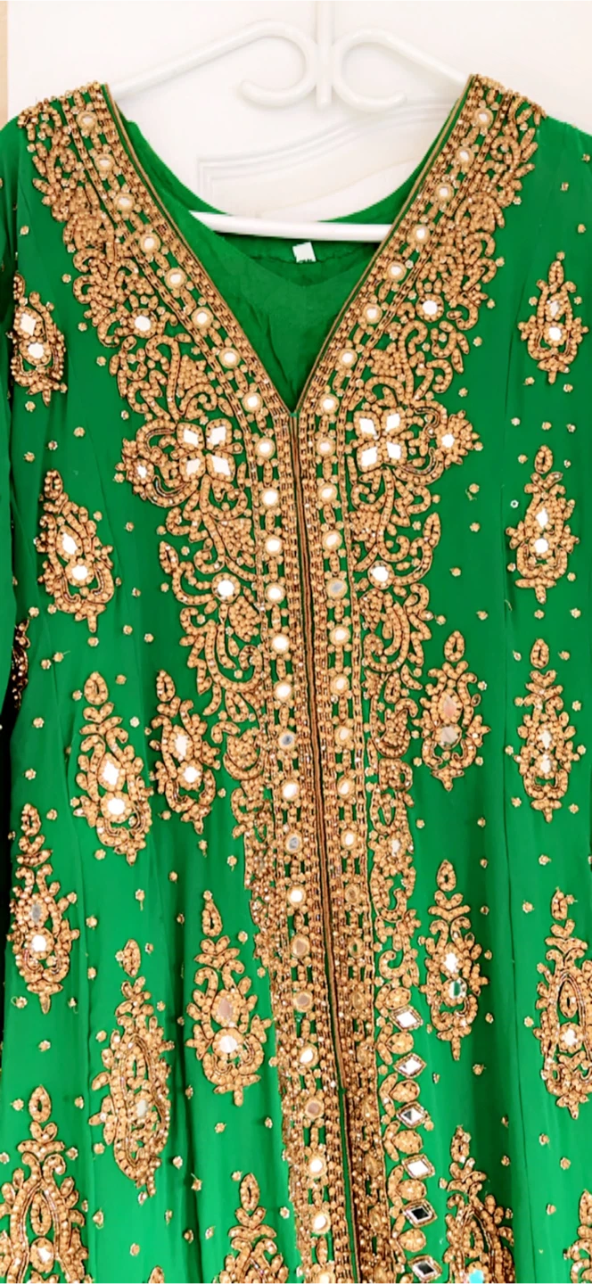 Green Embroidered Long Kameez Dress with Gold Accents - photo 4