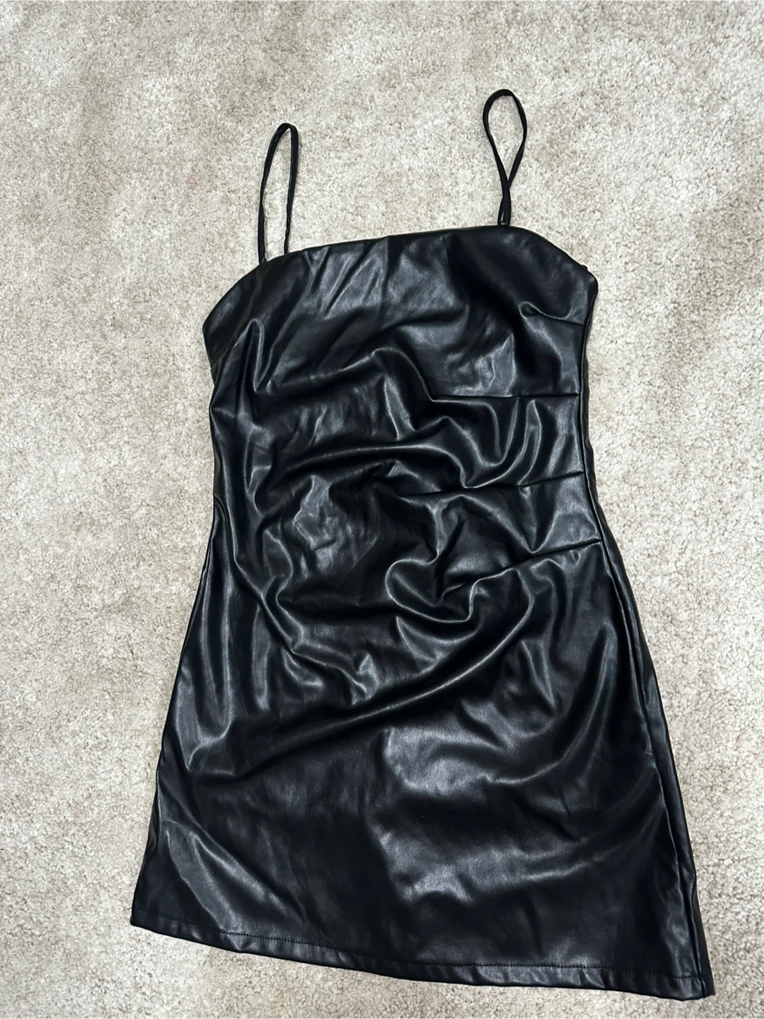 New Black Faux Leather Ruched Mini Dress - photo 2