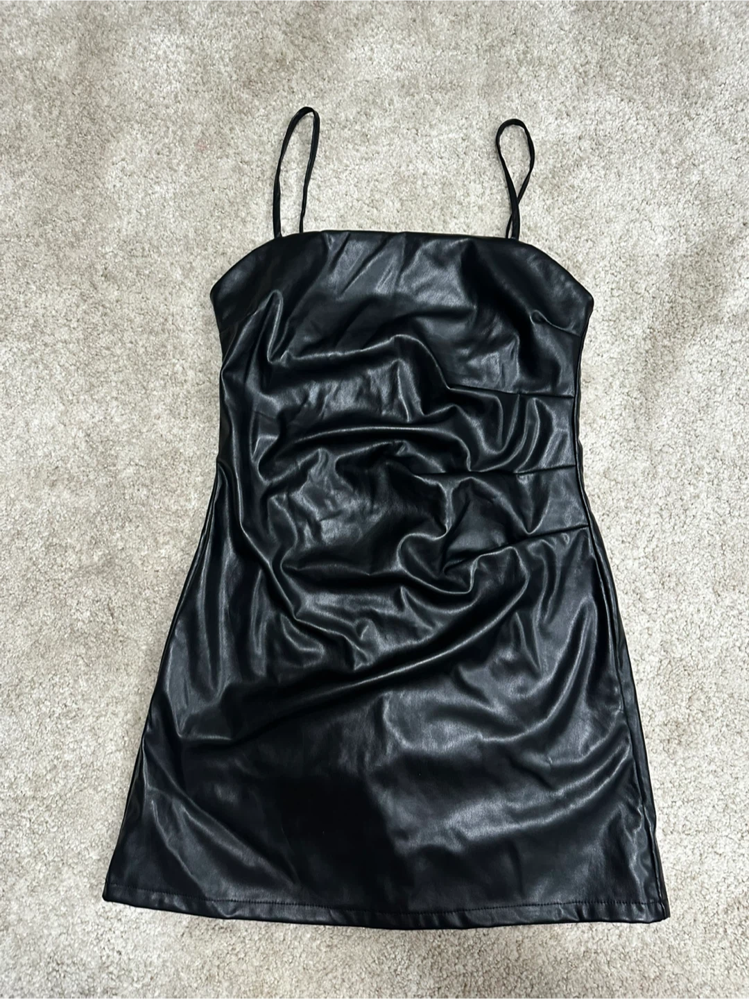 New Black Faux Leather Ruched Mini Dress