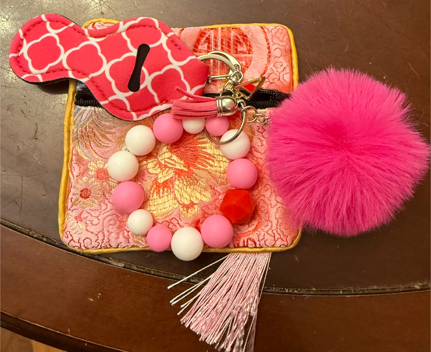 Beaded Wristlet Keychain with Pom Pom and Coin Pouch