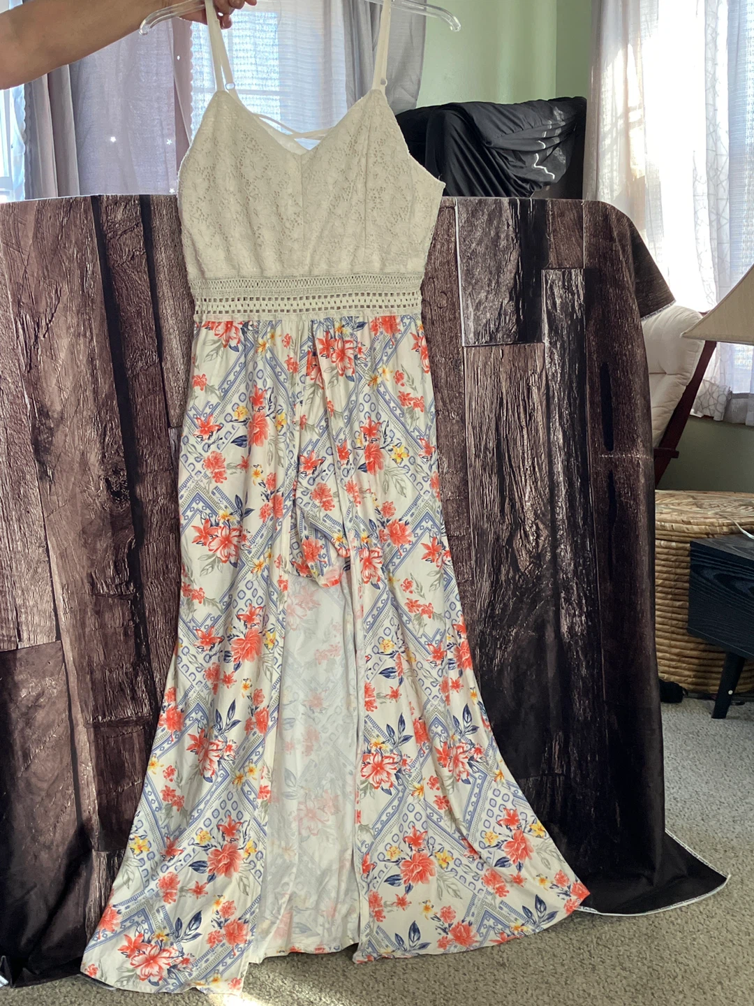 No Boundaries Dress with Lace Bodice and Floral Print Skirt