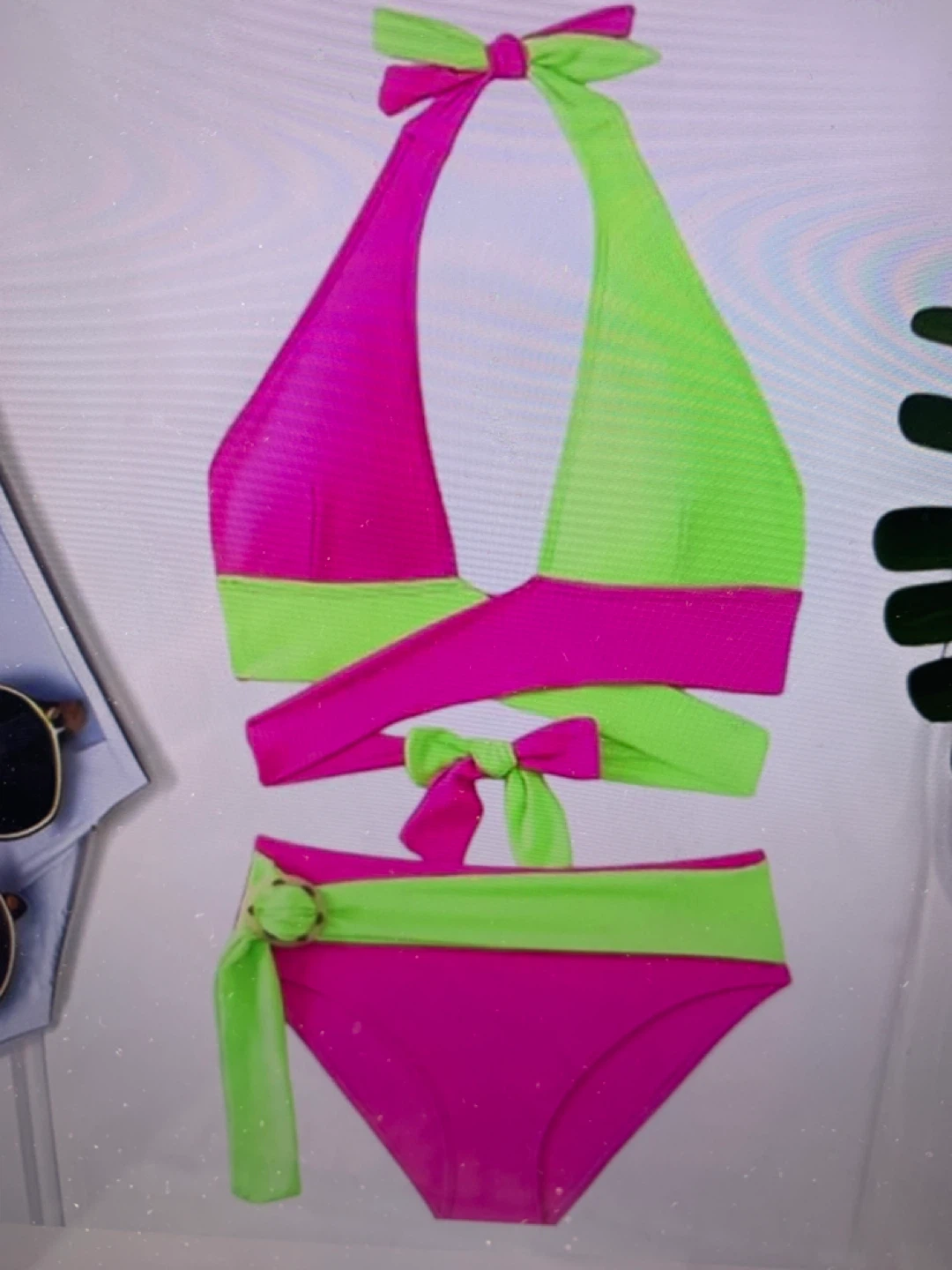 Two-Piece Bikini Swimsuit - Pink and Neon Green