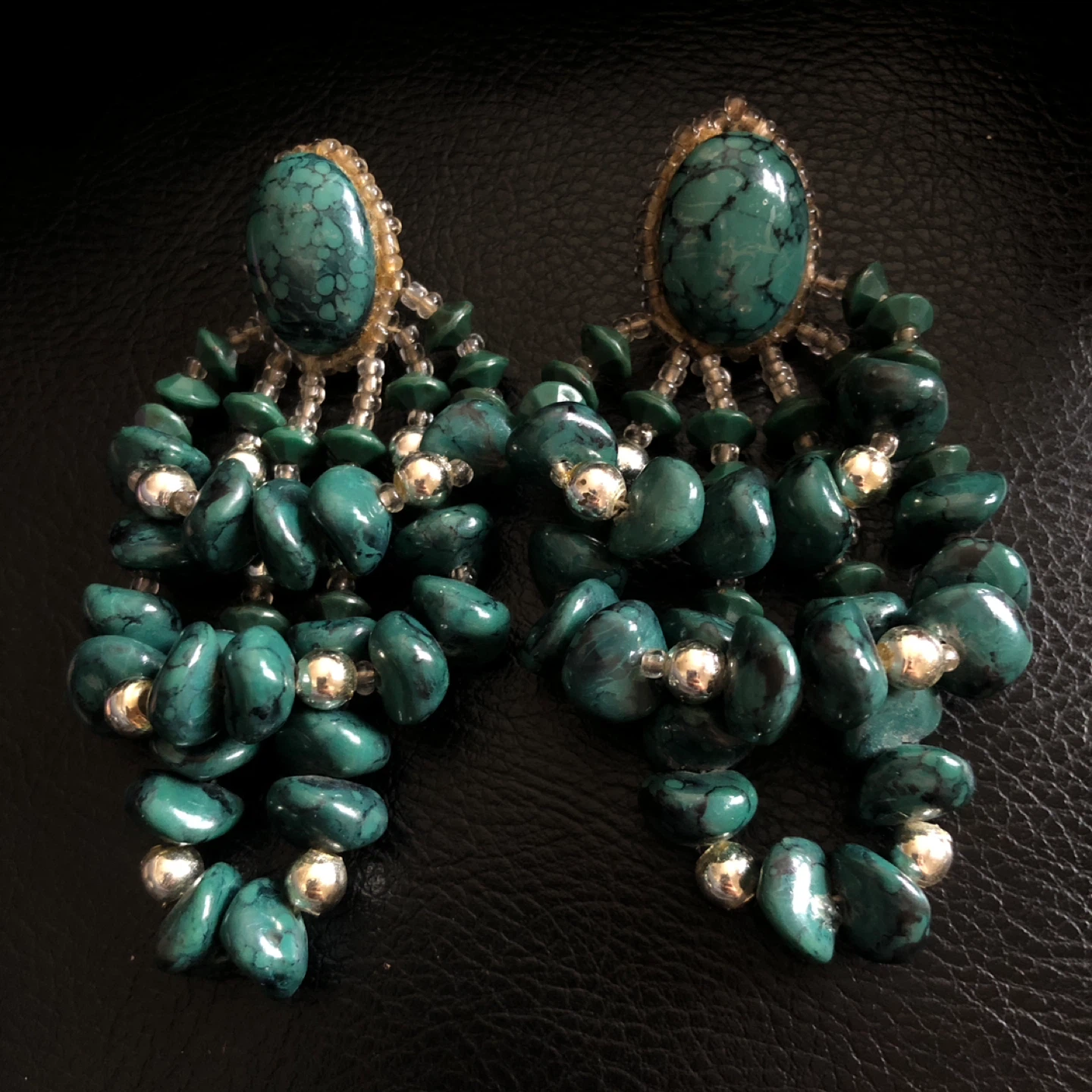 Teal Beaded Chandelier Earrings with Faux Turquoise Stones