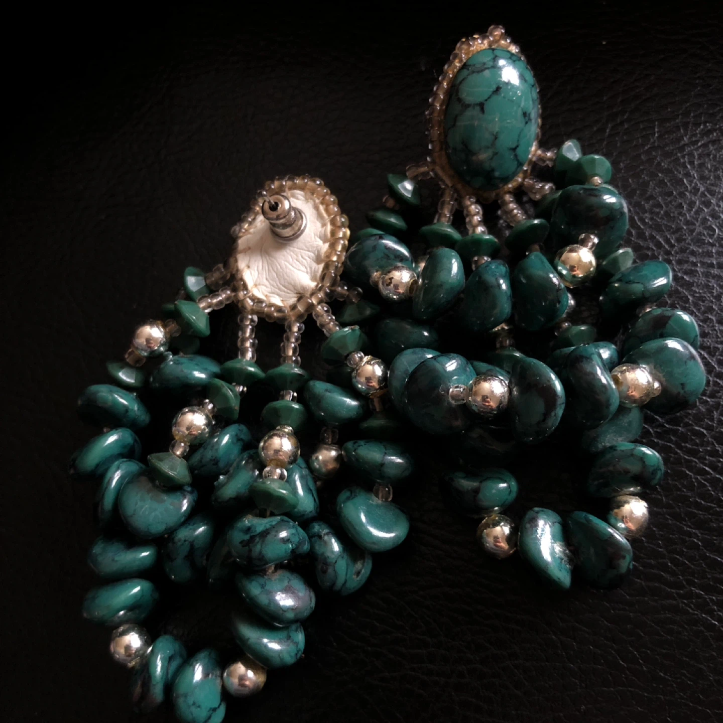 Teal Beaded Chandelier Earrings with Faux Turquoise Stones - photo 2