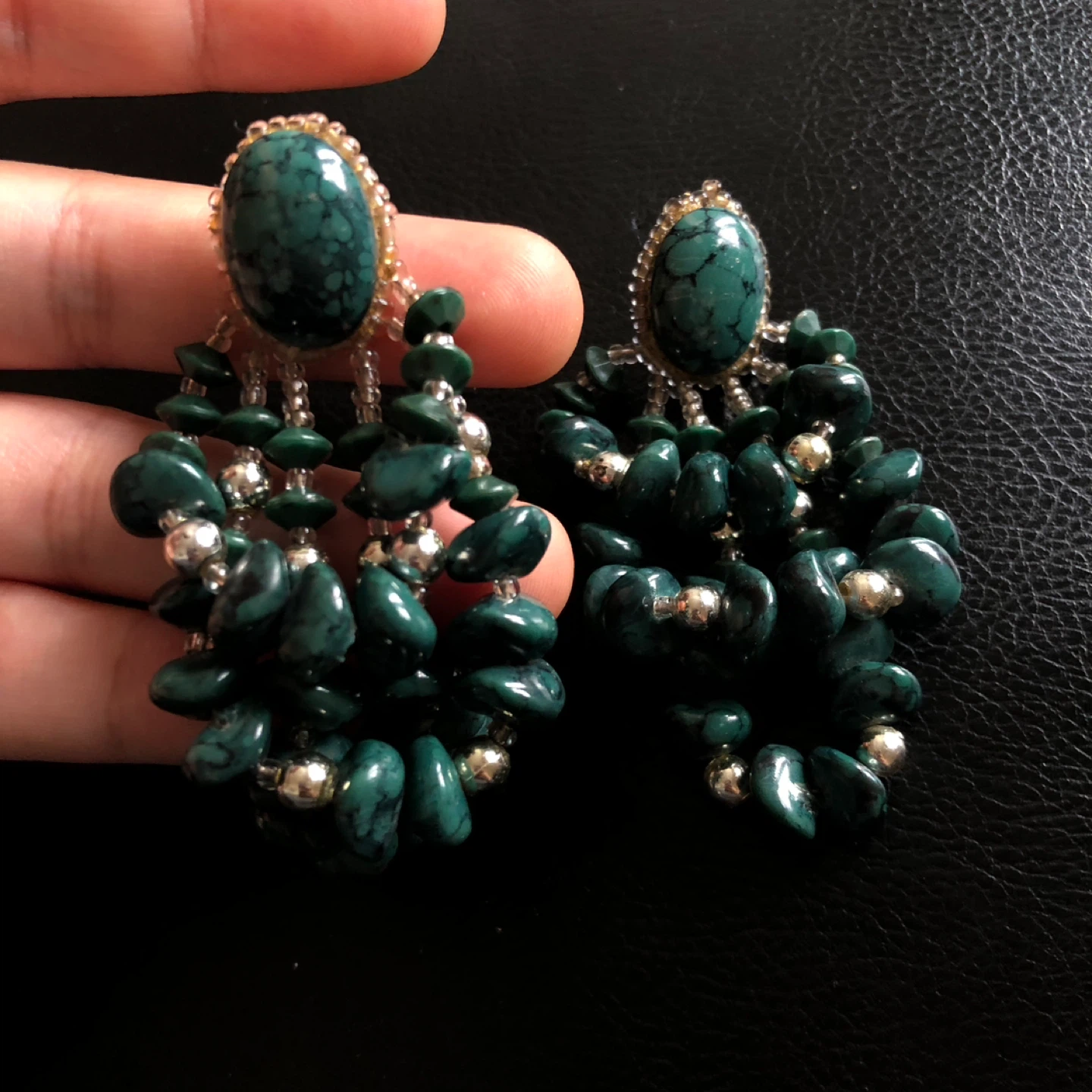Teal Beaded Chandelier Earrings with Faux Turquoise Stones - photo 3