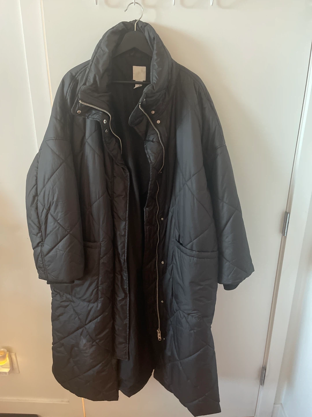 H&M Black Quilted Long Puffer Coat - Size XL