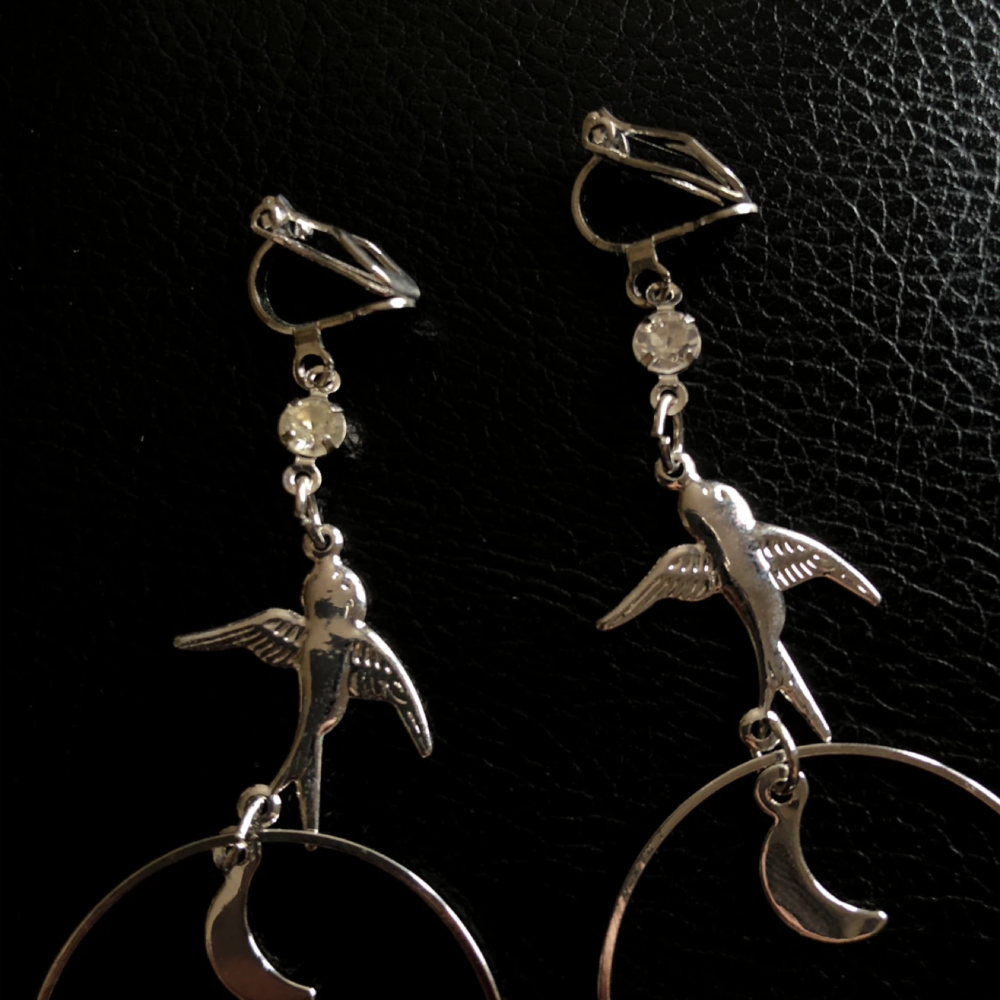 Silver Tone Hoop Earrings with Bird and Moon Charms - photo 2
