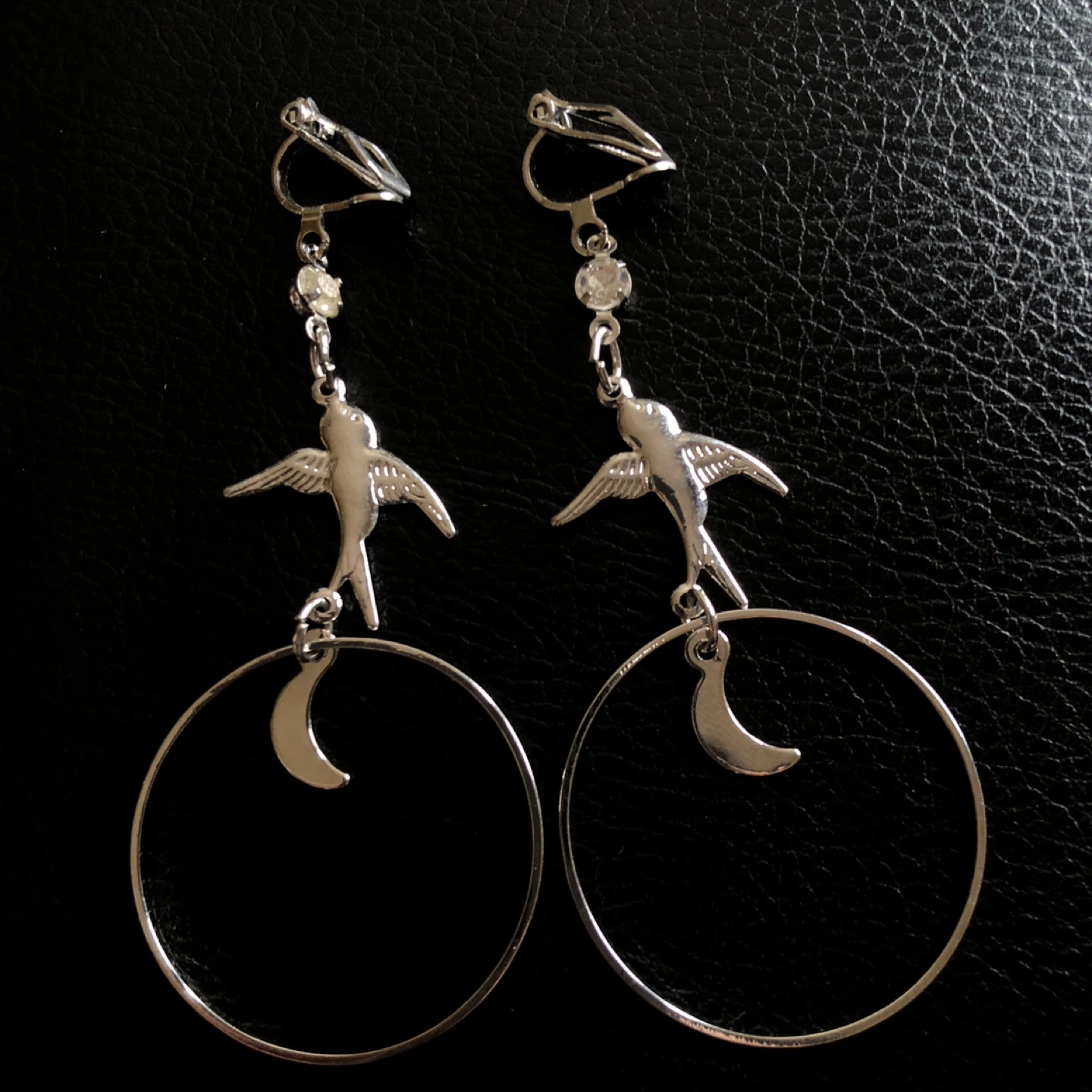 Silver Tone Hoop Earrings with Bird and Moon Charms