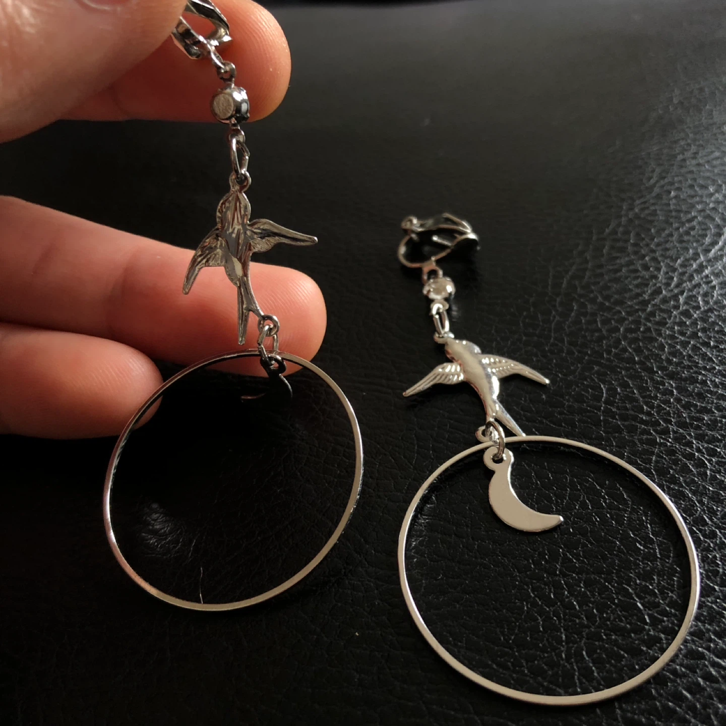 Silver Tone Hoop Earrings with Bird and Moon Charms - photo 3