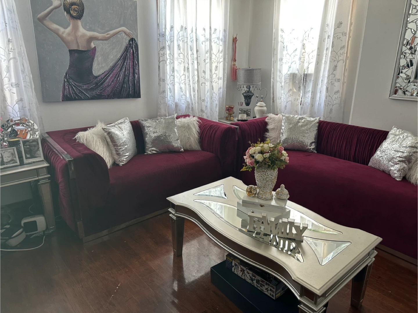 Velvet Sofa with Plush Throw Pillows
