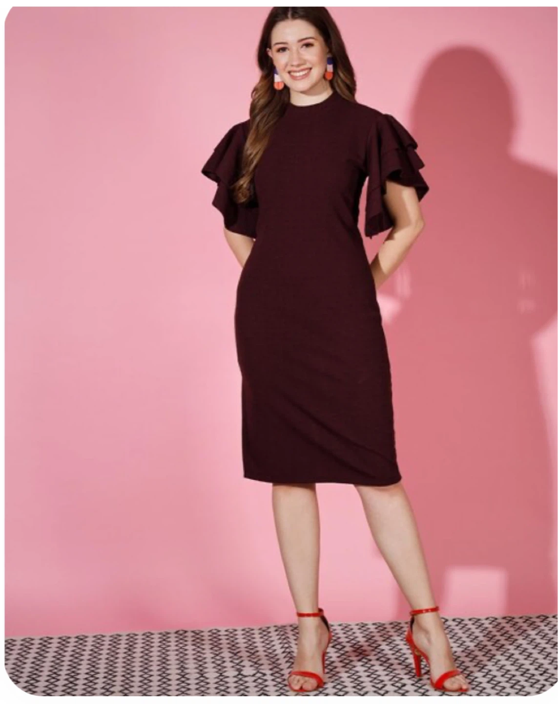 Women's Burgundy Ruffled Sleeve Dress