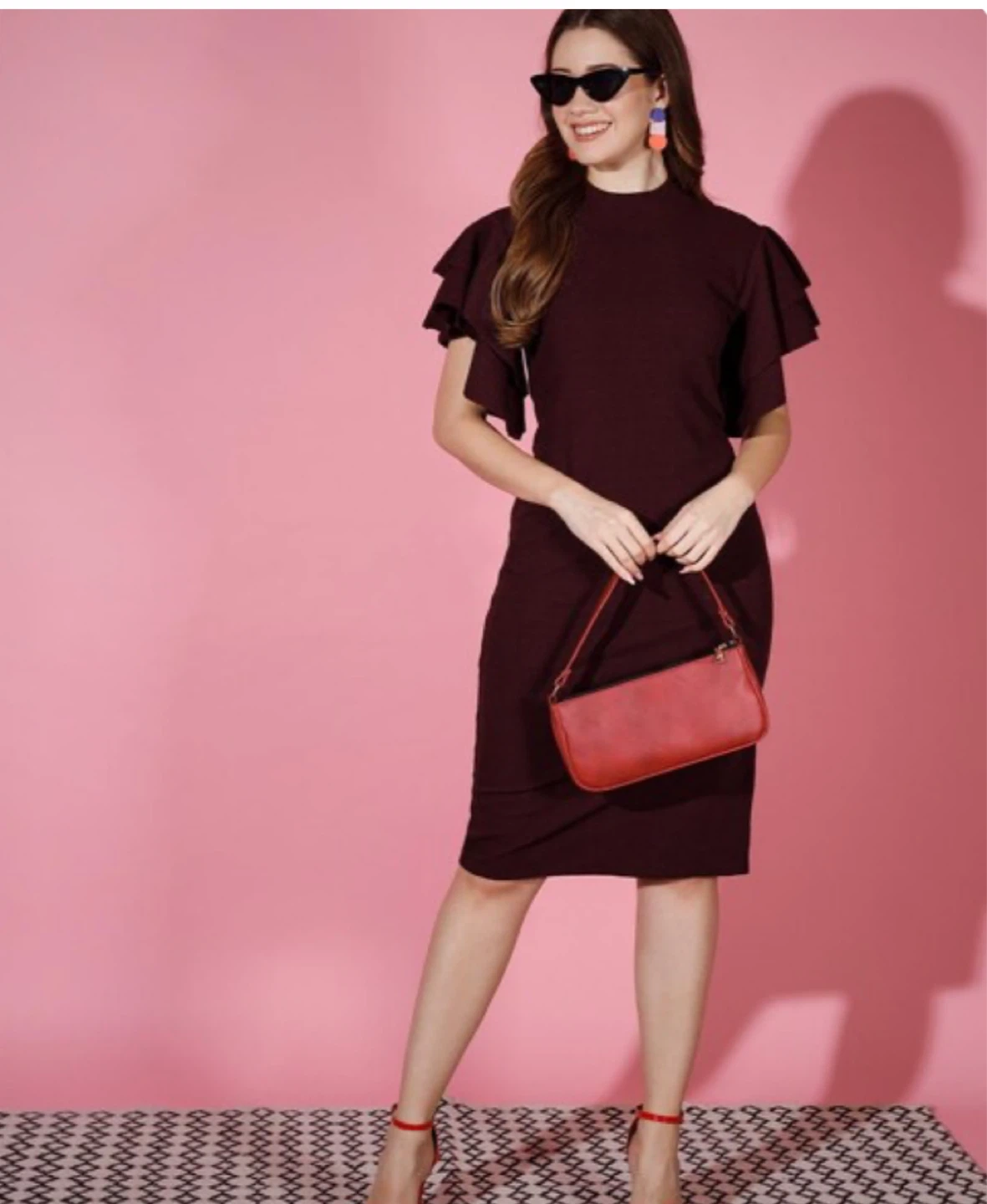 Women's Burgundy Ruffled Sleeve Dress - photo 2