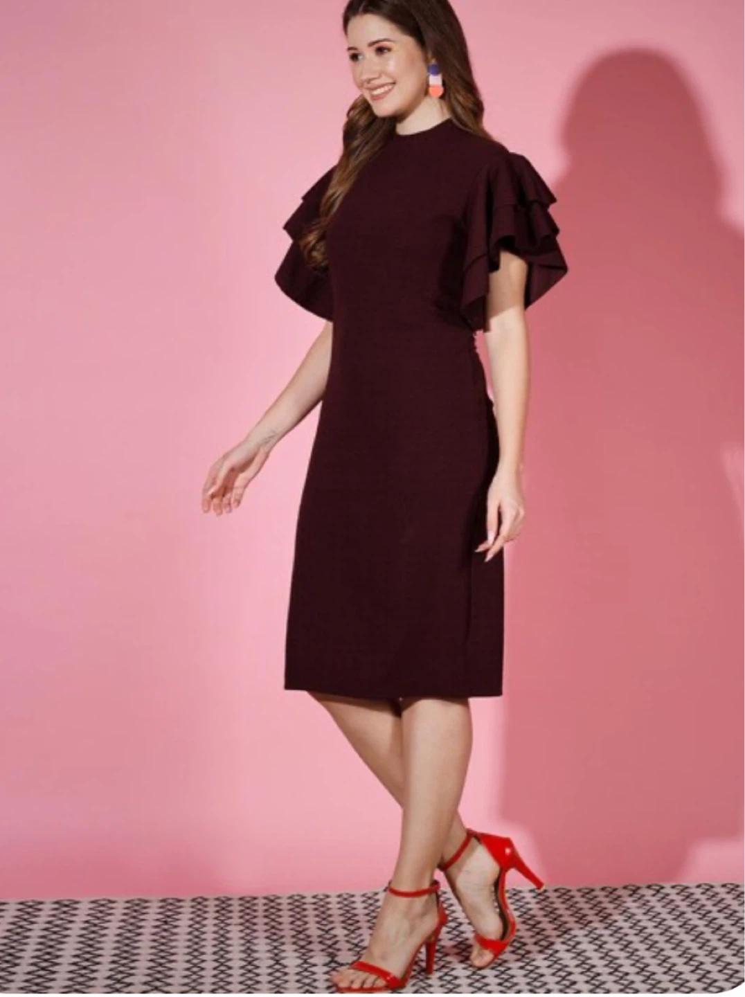 Women's Burgundy Ruffled Sleeve Dress - photo 3