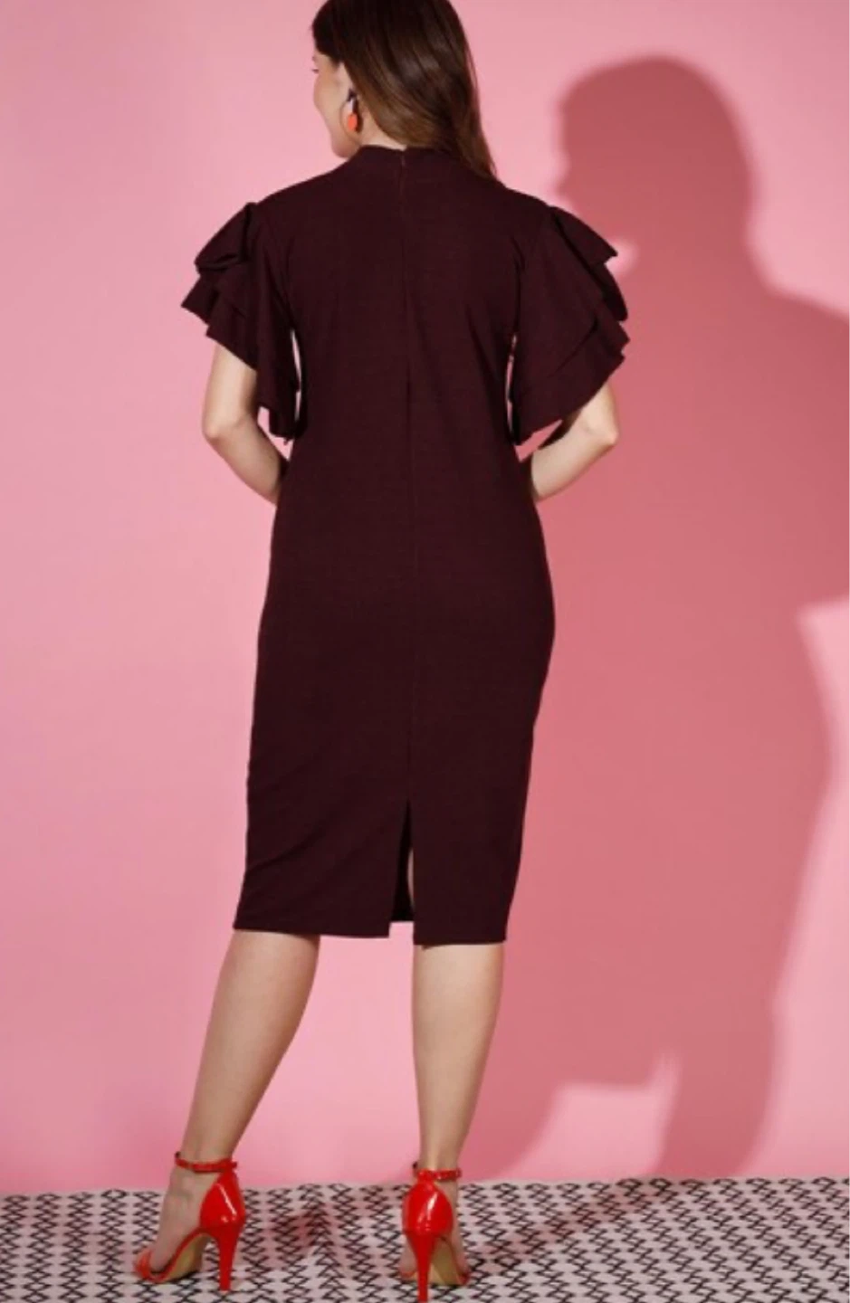 Women's Burgundy Ruffled Sleeve Dress - photo 4