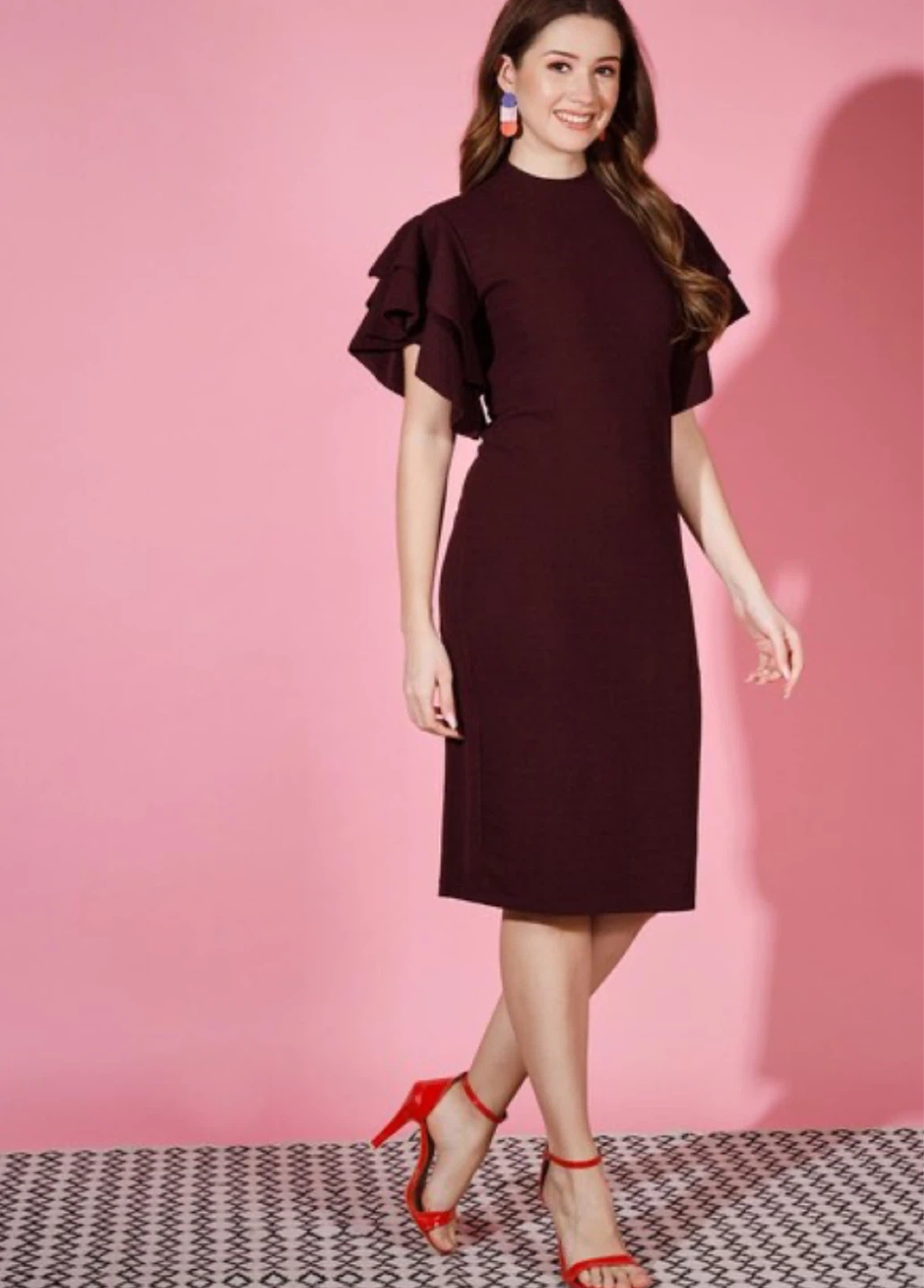 Women's Burgundy Ruffled Sleeve Dress - photo 5