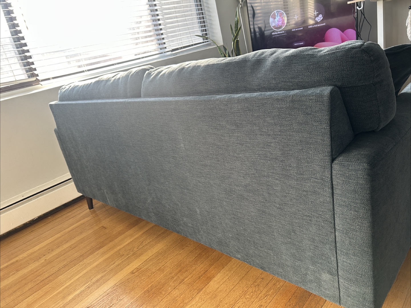 Dark Blue Fabric Sofa with 2 Throw Pillows - photo 2