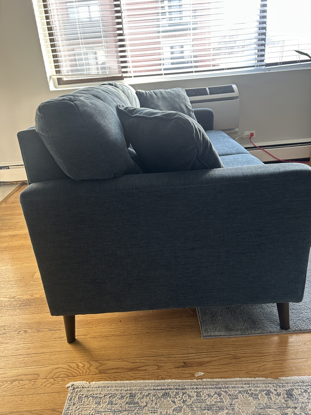 Dark Blue Fabric Sofa with 2 Throw Pillows