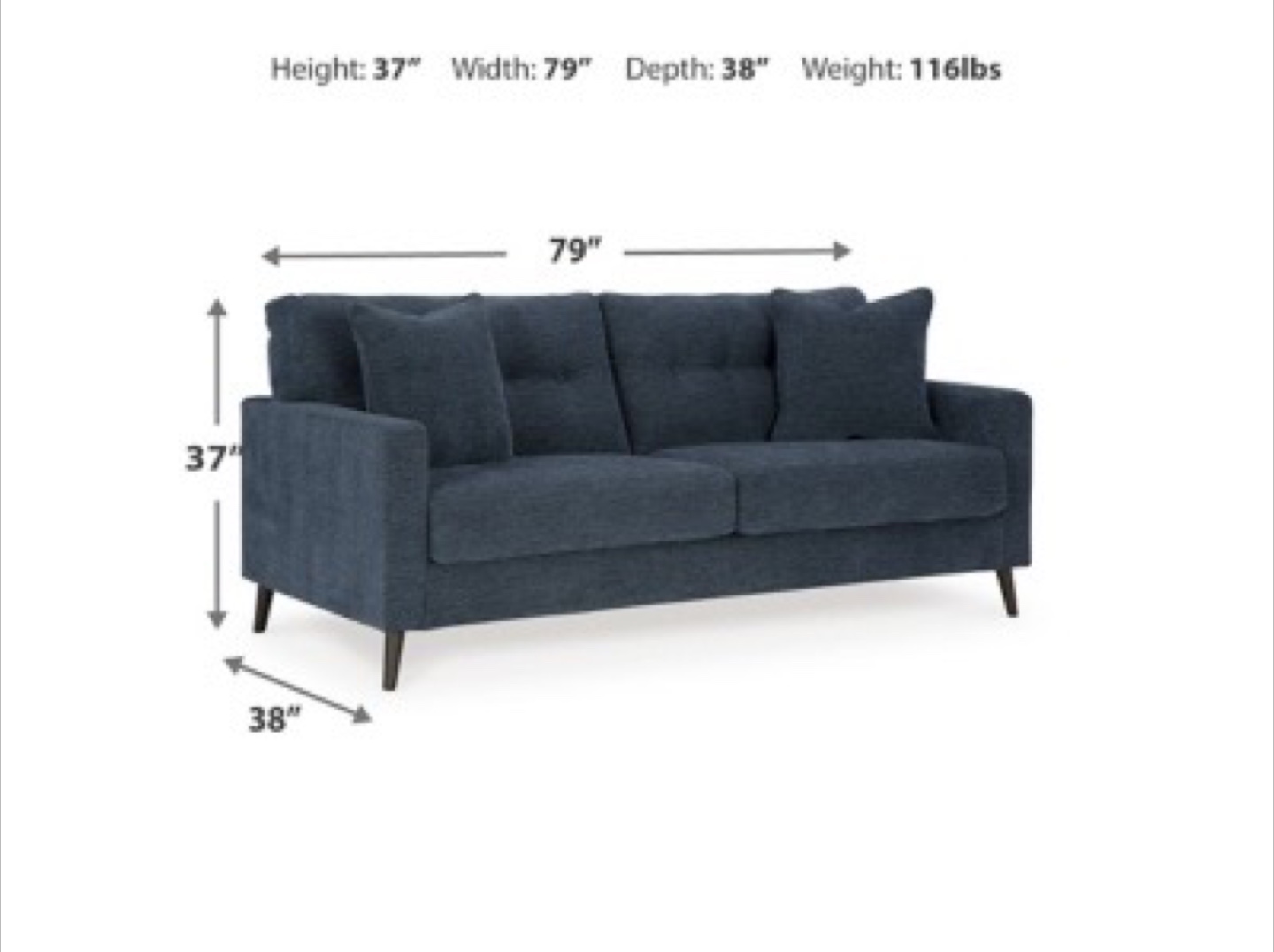 Dark Blue Fabric Sofa with 2 Throw Pillows - photo 5
