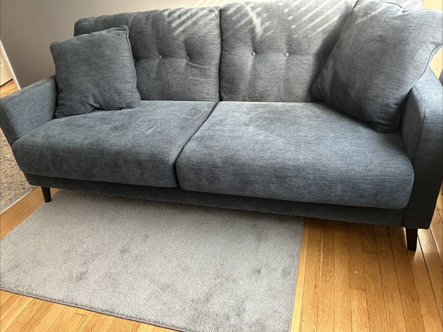Dark Blue Fabric Sofa with 2 Throw Pillows - photo 3