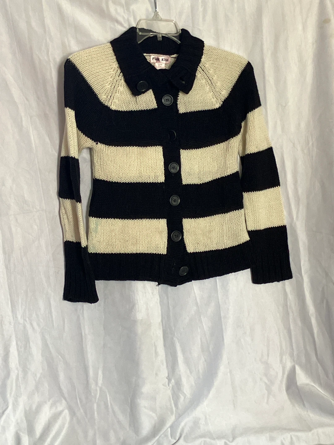 Pink Kiss Black and White Striped Cardigan Sweater