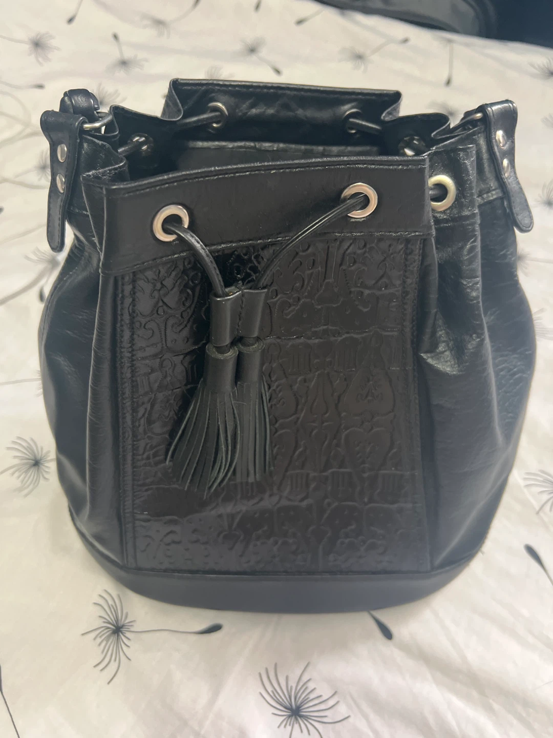 Black Leather Bucket Bag with Tassel