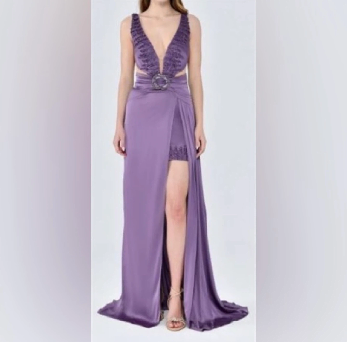 NEW Alfabeta Women's Satin Long Dress with Deep V-Neck Buckle