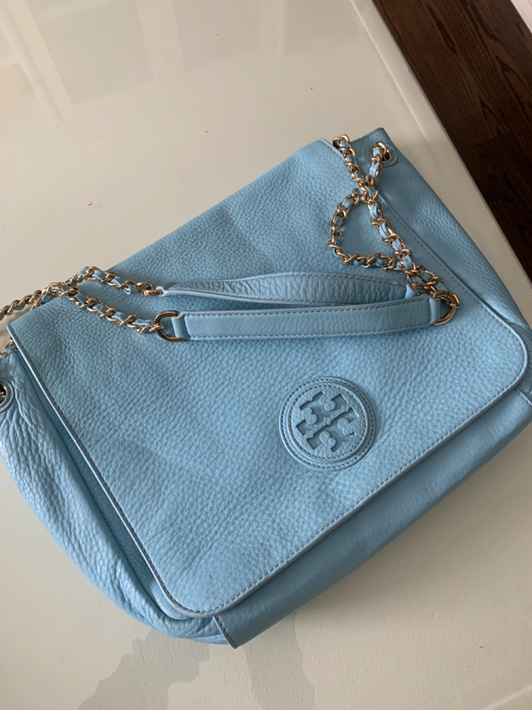 Tory Burch Blue Leather Shoulder Bag with Gold Chain