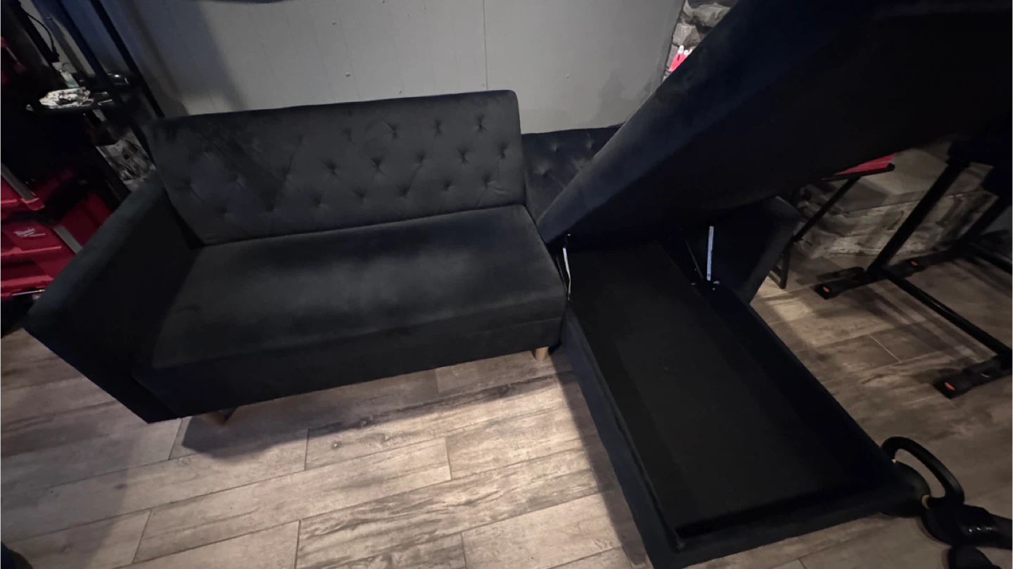 Like new suede futon/couch with storage $250 firm garage pickup - photo 2