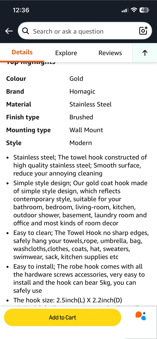 Homagic Gold Stainless Steel Towel Hooks (Set of 4) - photo 2