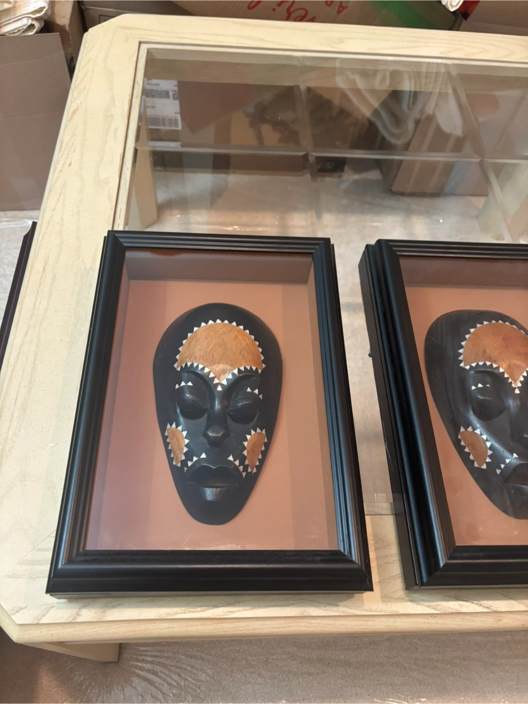 Framed African Wood Mask Wall Art Decor –2-Piece Set