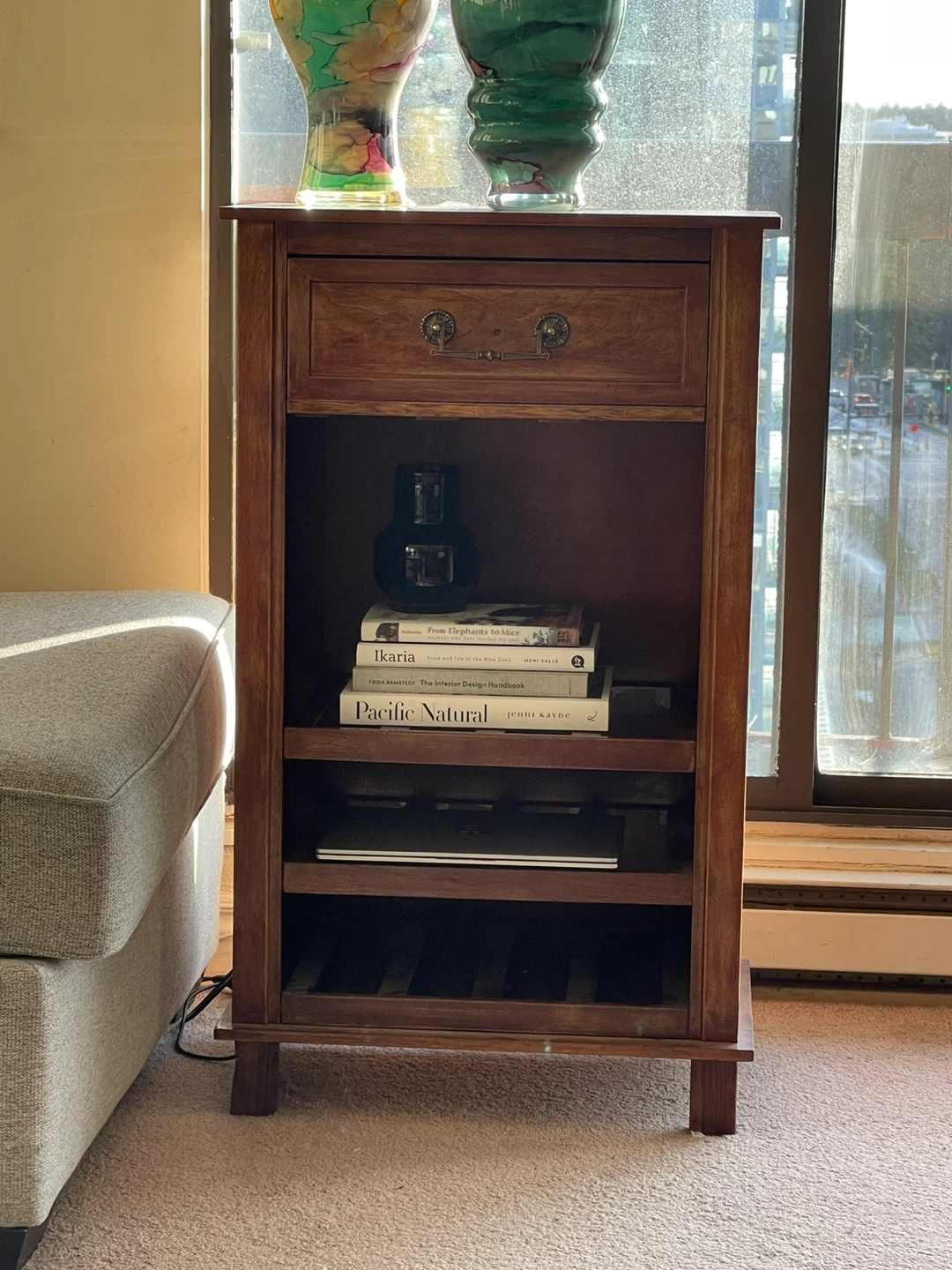 Solid wood Side Table with Drawer and Shelves