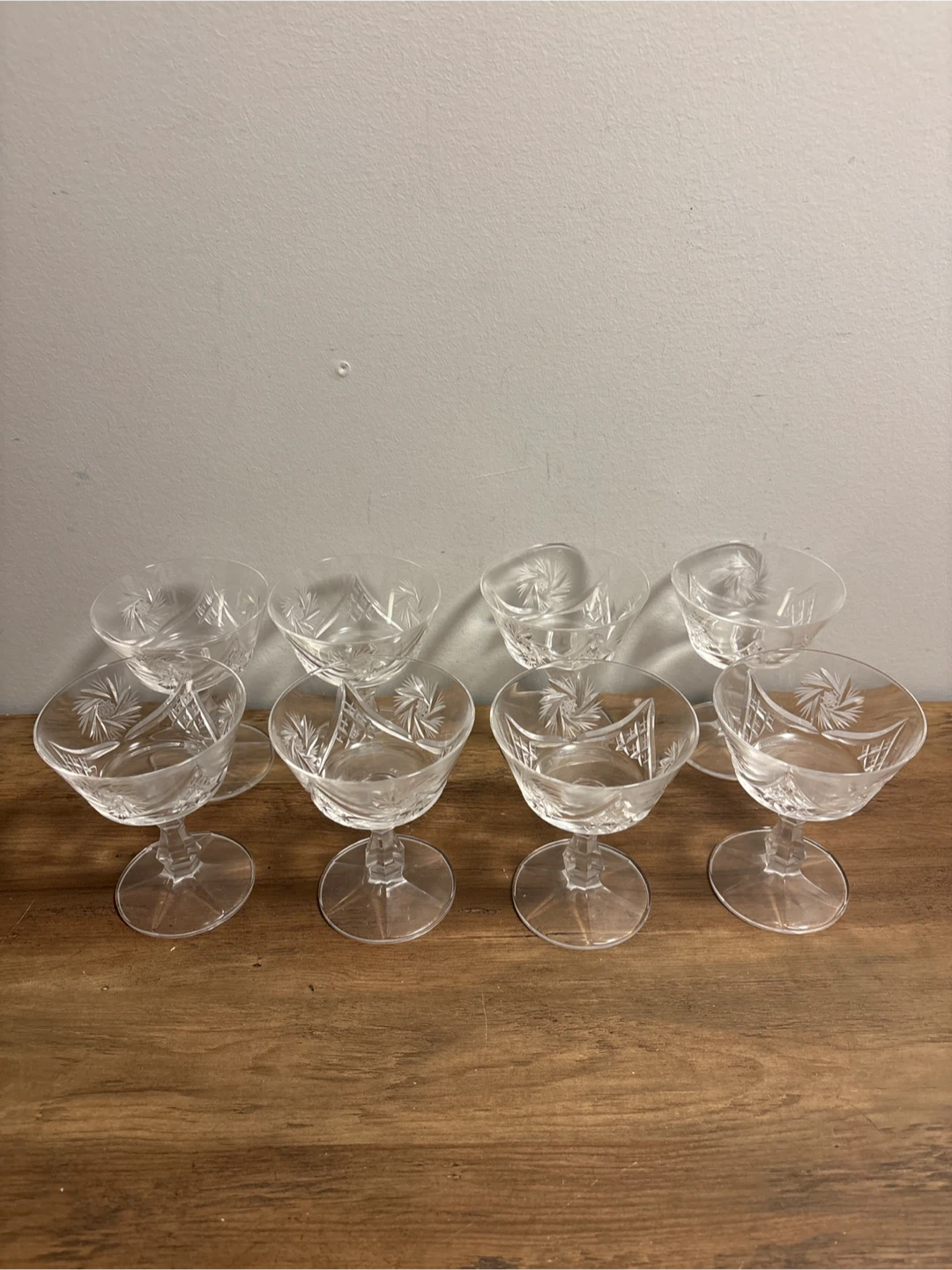 Set of 8 Crystal Cut or Pinwheel Glass Coupe Glasses
