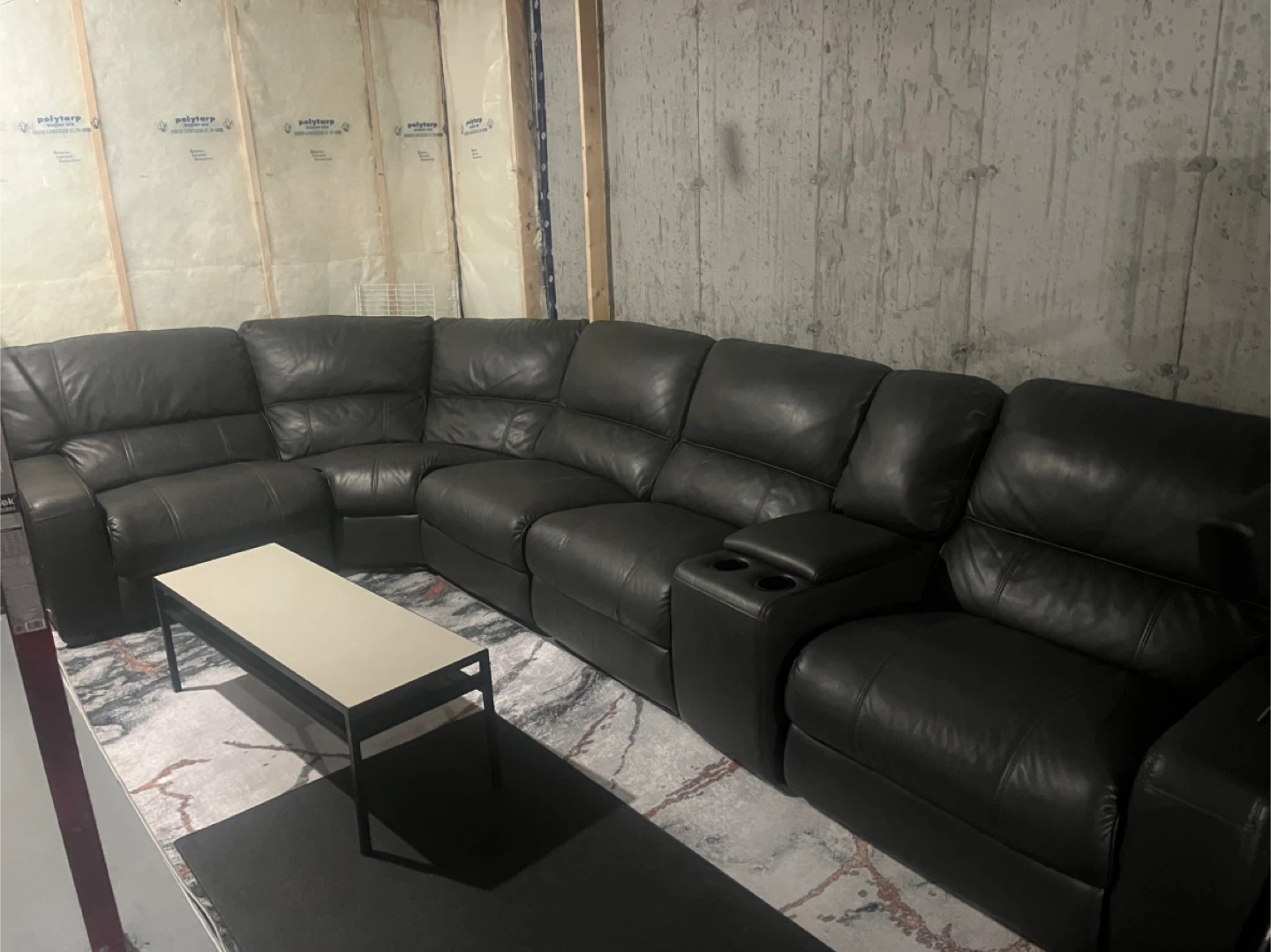 Dark Grey Leather Sectional Sofa with Recliners and Cup Holders